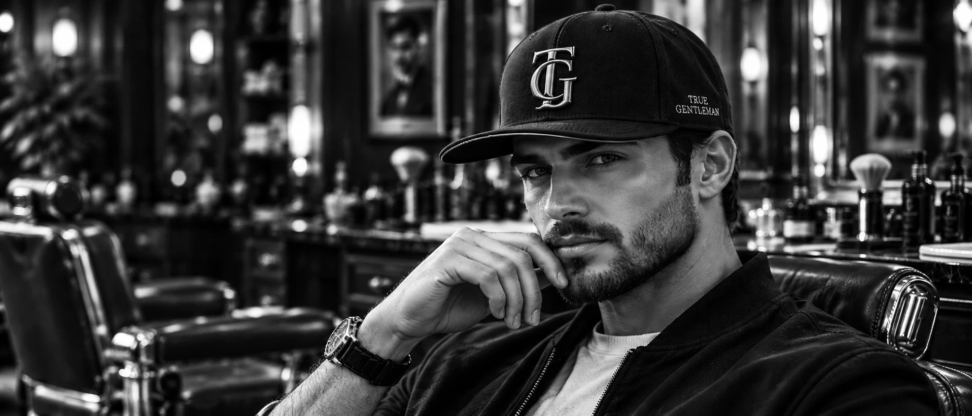 Muž v černé kšiltovce True Gentleman v barbershopu, černobílá fotografie
